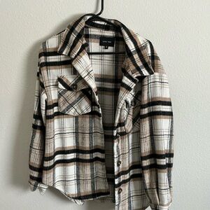 Love Tree Checkered Shirt Jacket in Black, White, and Tan